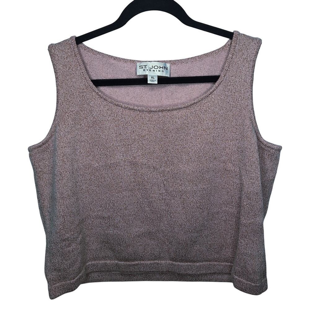 St. John Sleeveless Tank Top Santana Knit Rose Gold Glitter XL Crop Shell Boxy
